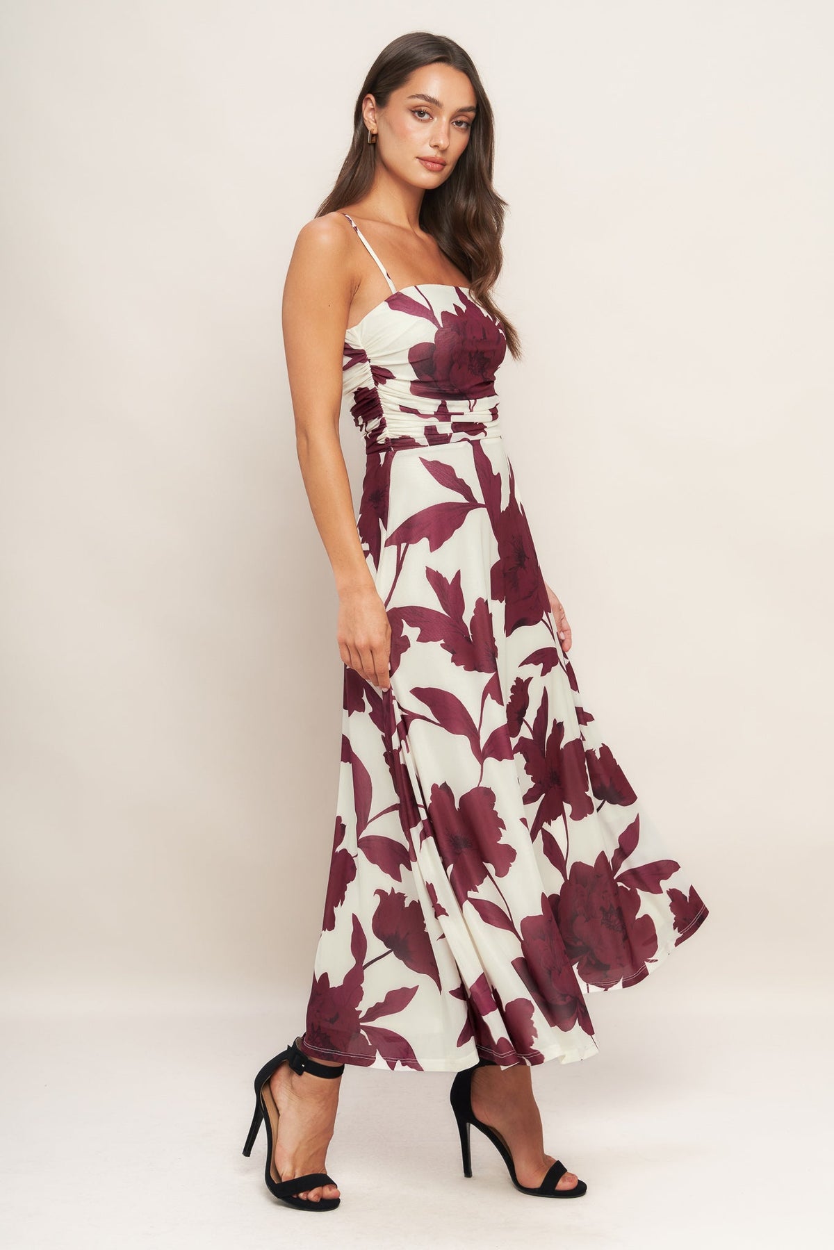 WINE BLOOM POWER MESH MIDI DRESS