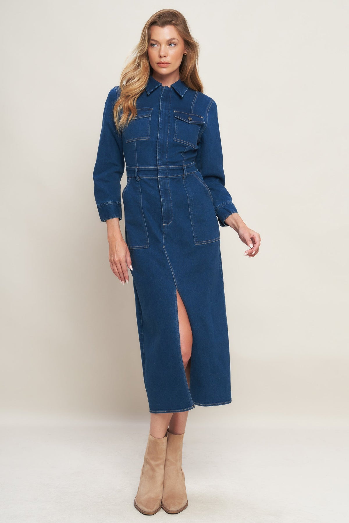 MIDNIGHT DARK INDIGO DENIM MIDI DRESS