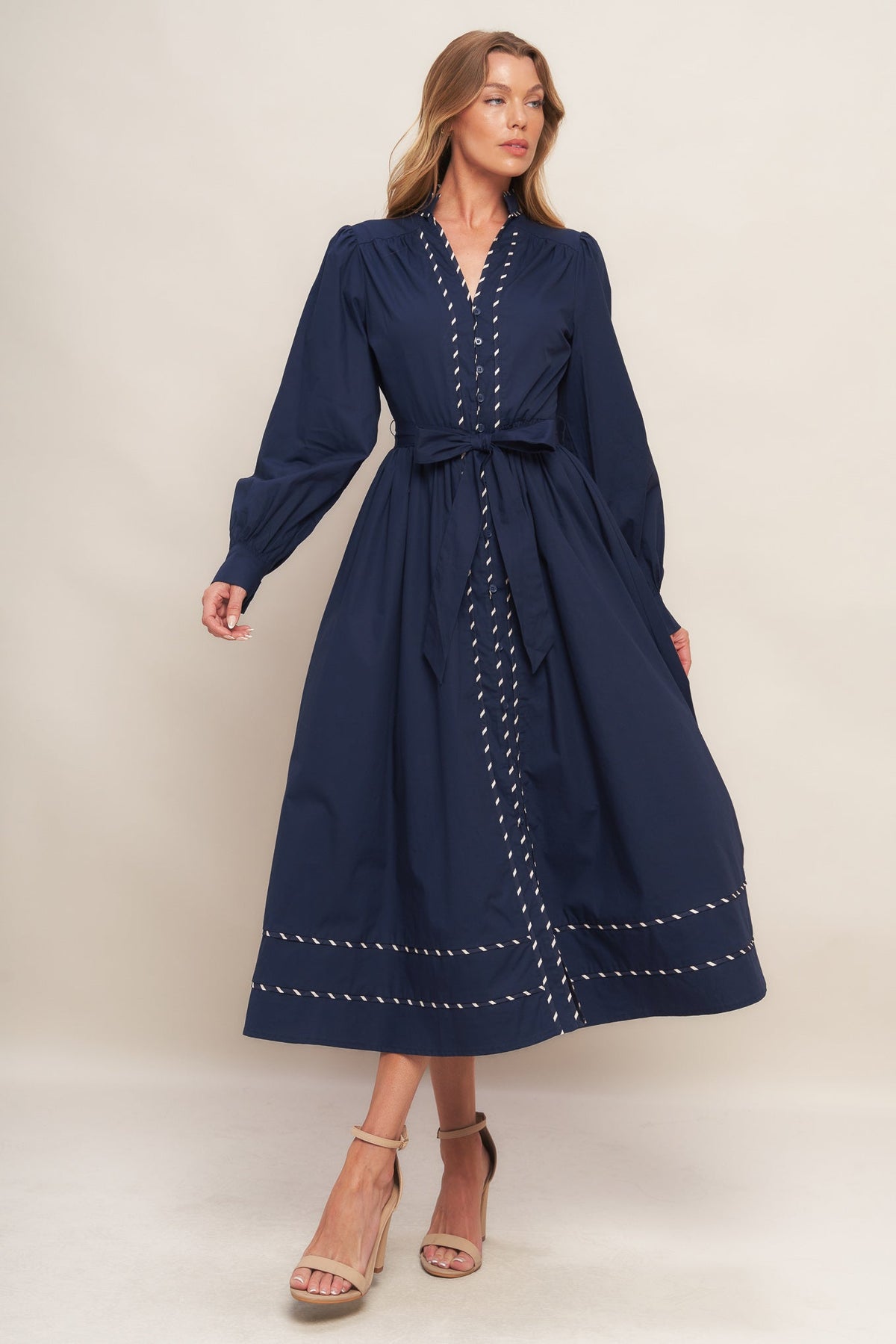 SHINE BRIGHT NAVY LONG SLLEVE WOVEN MIDI DRESS