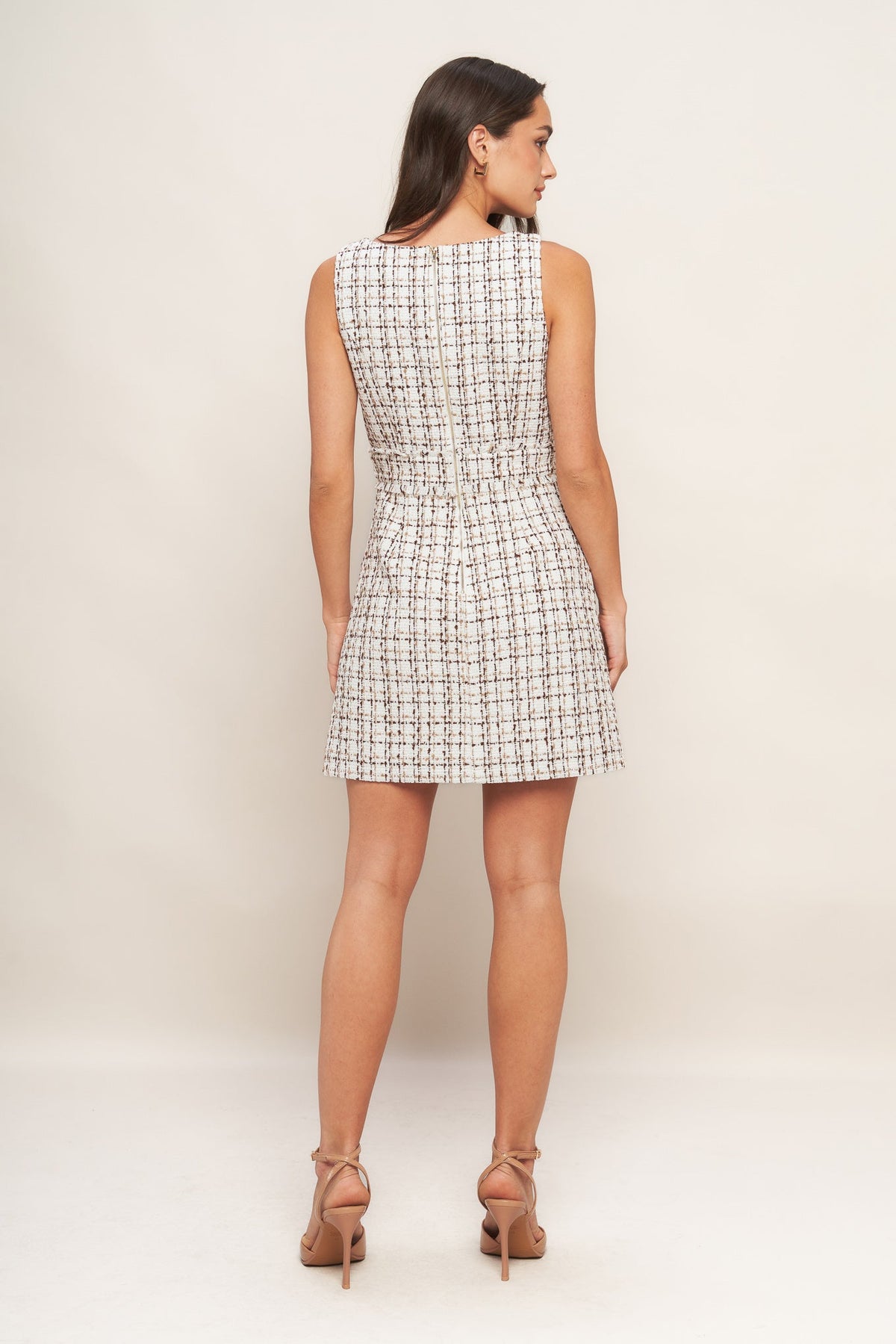 GOLDEN GRID LUXE TWEED MINI DRESS