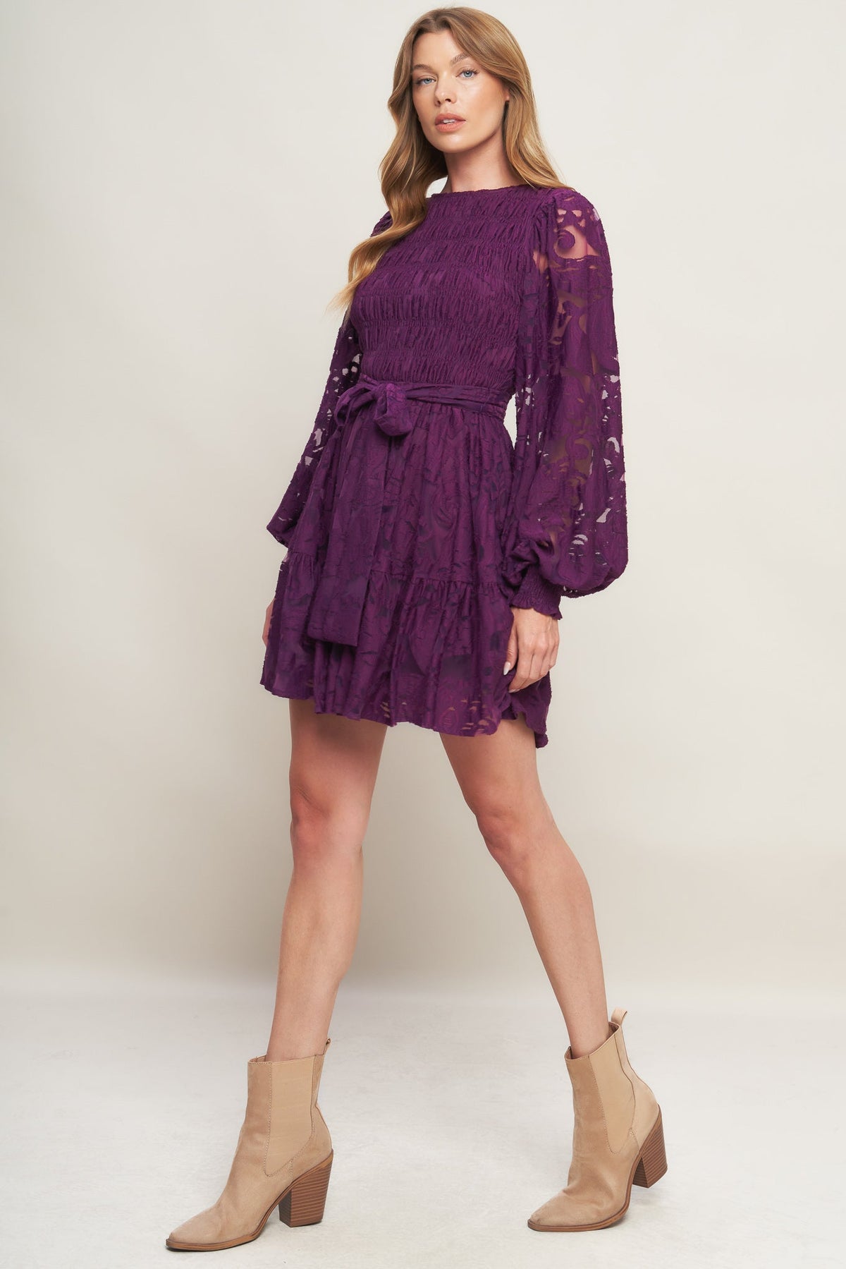 PASSION PLUM WOVEN LACE MINI DRESS