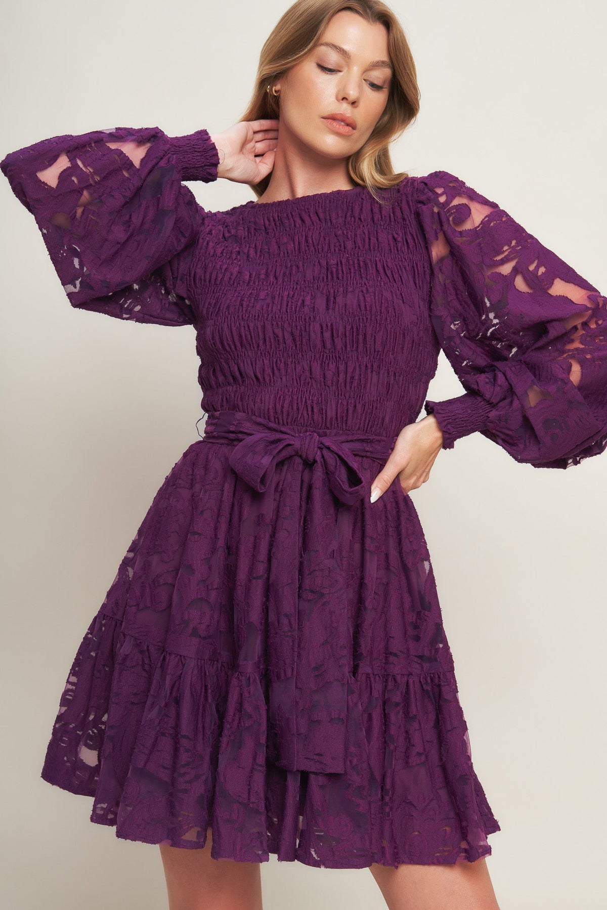 PASSION PLUM WOVEN LACE MINI DRESS