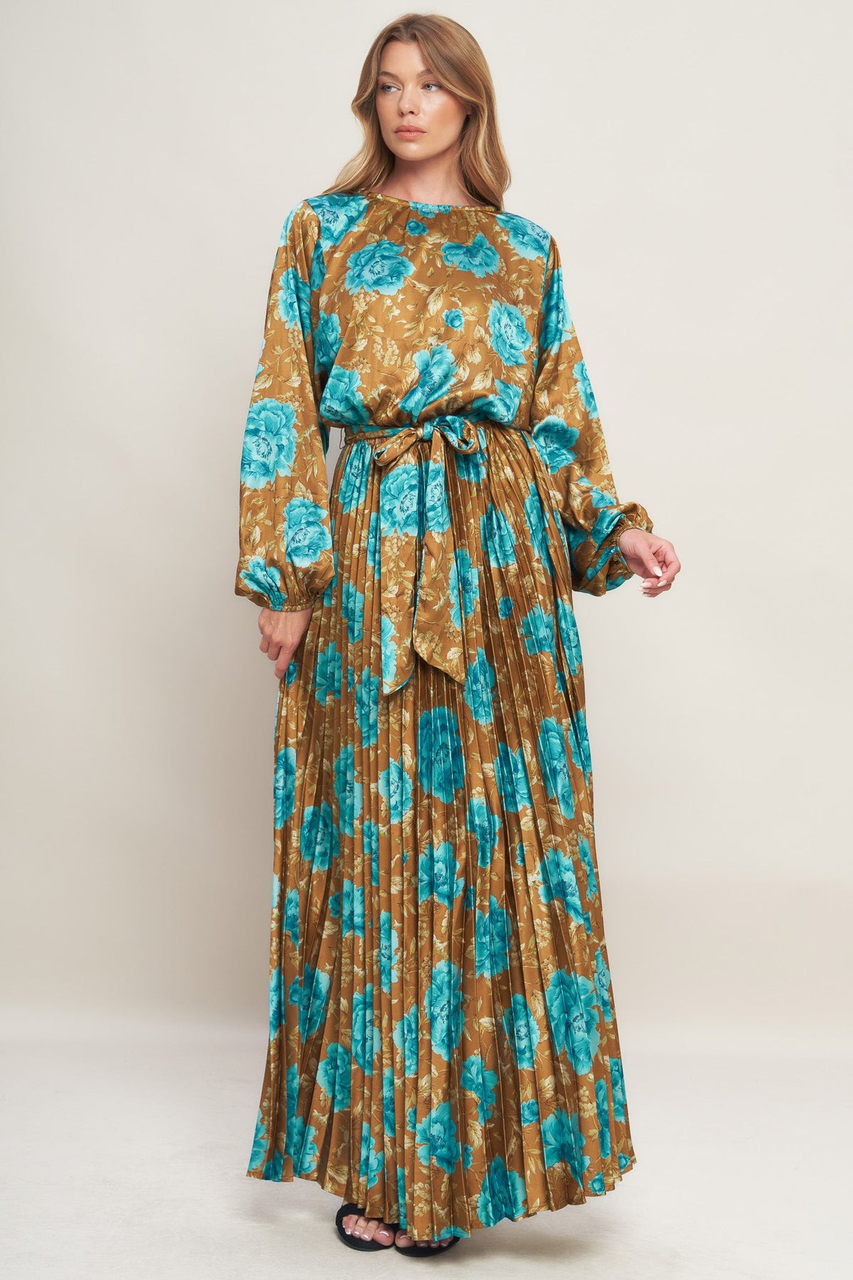 GOLDEN BLOOM LUXE WOVEN SATIN MAXI DRESS