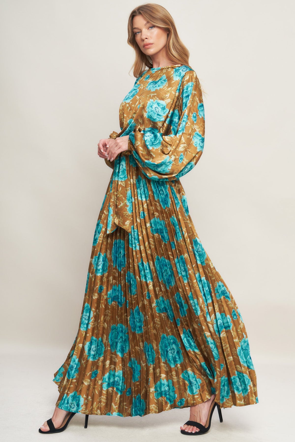 GOLDEN BLOOM LUXE WOVEN SATIN MAXI DRESS