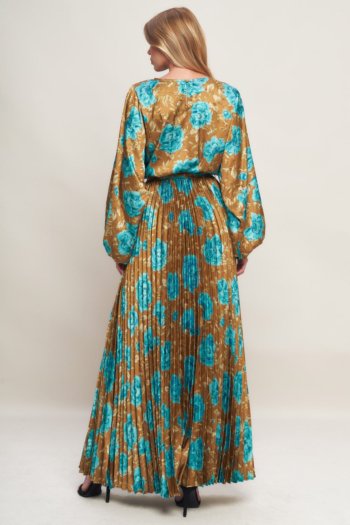 GOLDEN BLOOM LUXE WOVEN SATIN MAXI DRESS
