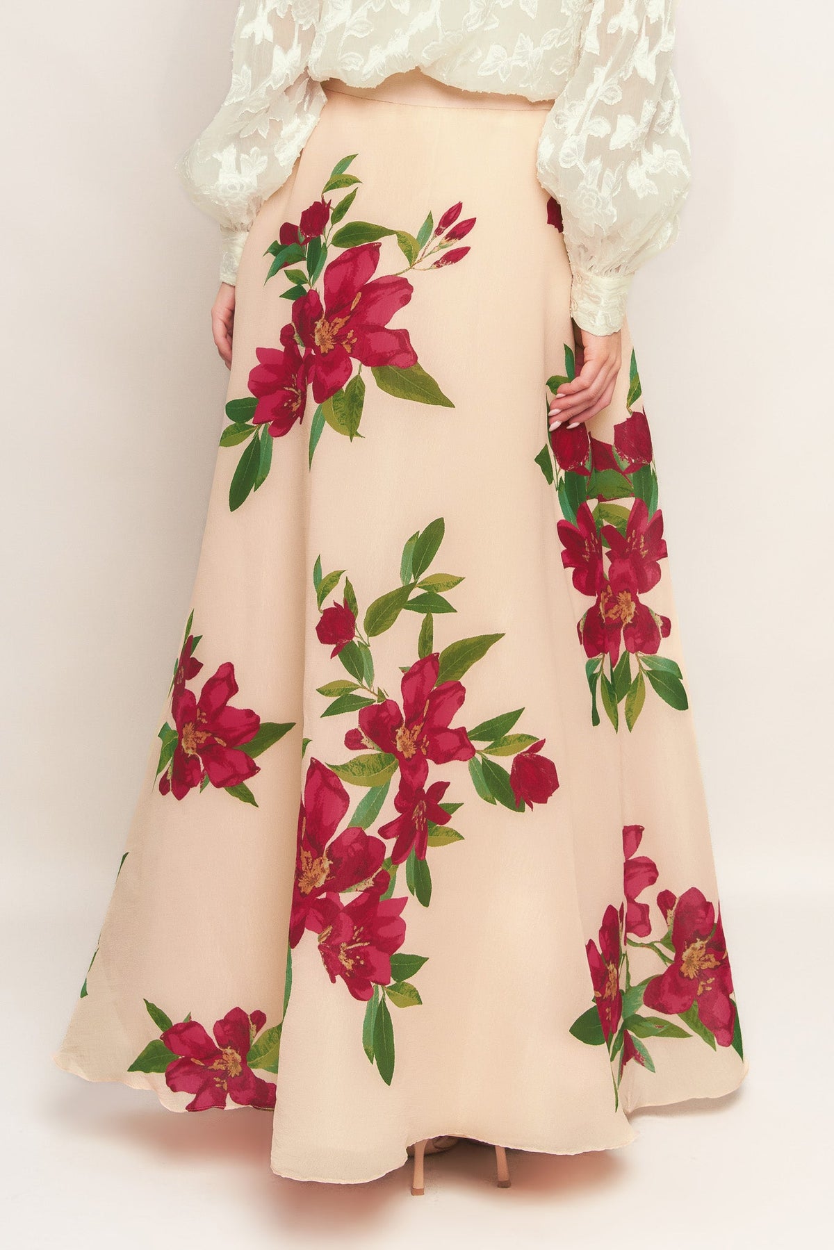 ELEGANT WILDFLOWER BLUSH WOVEN MAXI SKIRT