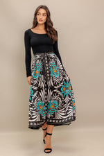 SUNBURST GARDEN BLACK MIDI DRESS