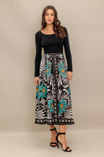 SUNBURST GARDEN BLACK MIDI DRESS