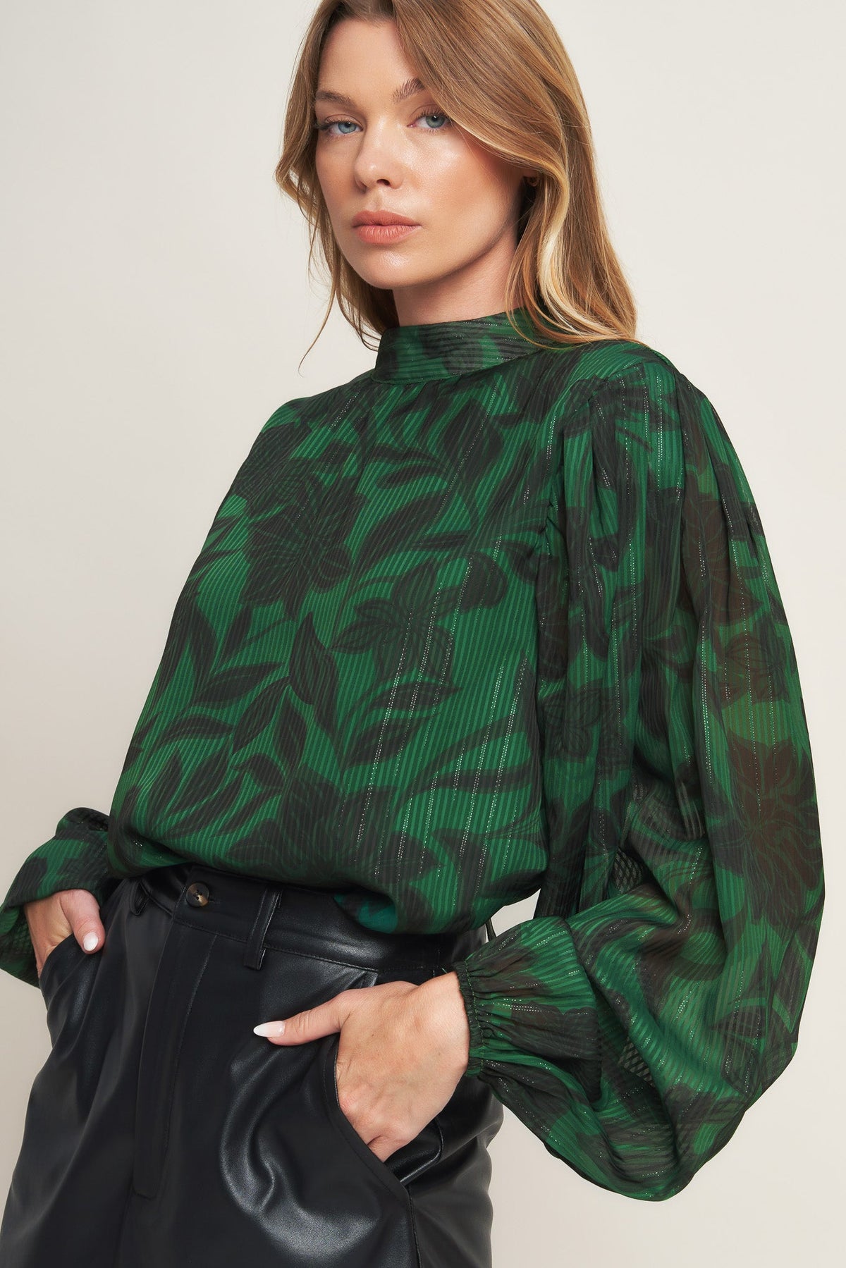 NOIR LEAF GREEN WOVEN TOP