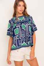 TILE ESCAPE EMBROIDERED WOVEN TOP