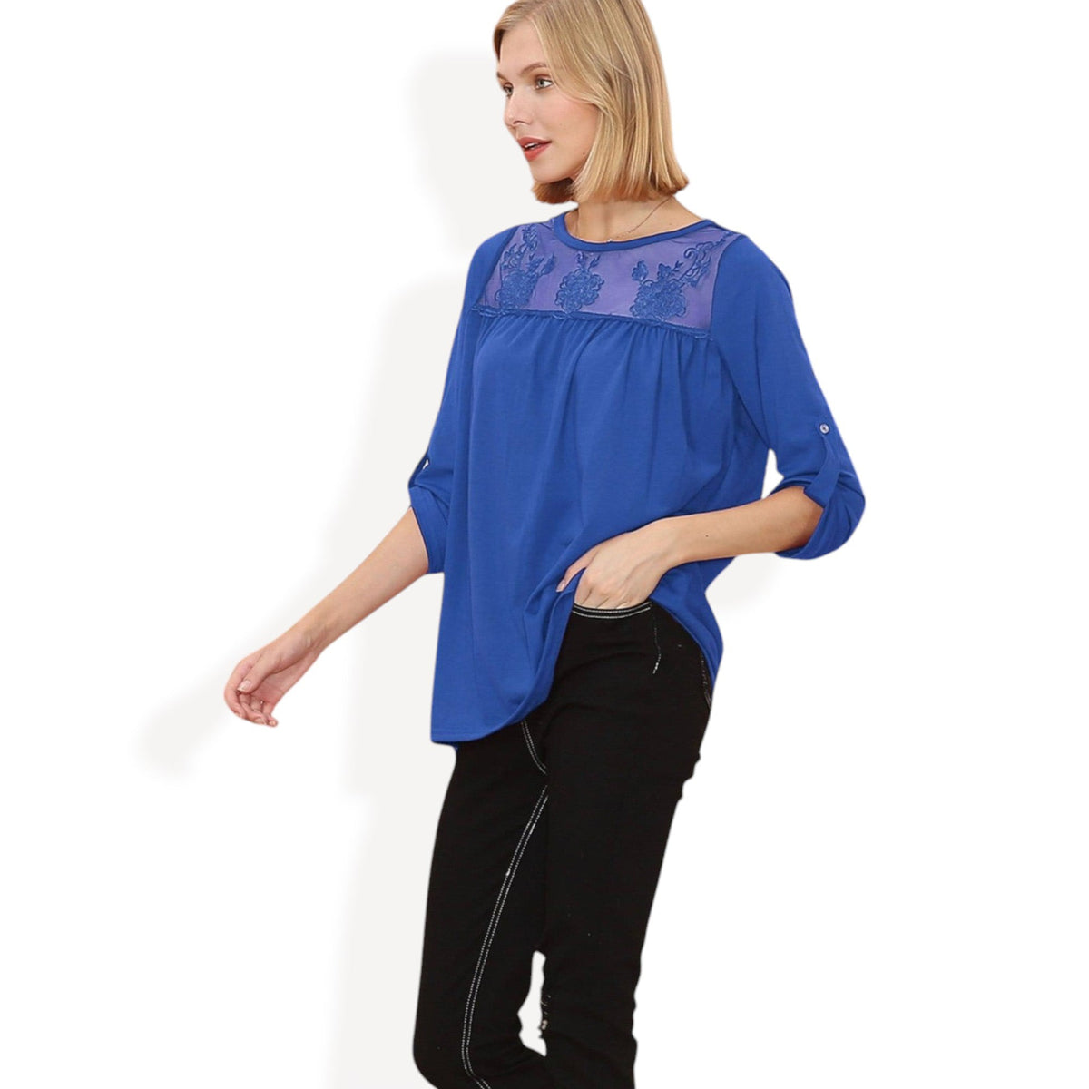 3/4 Sleeve Loose Fit Top with Sheer Floral Lace Yoke and Button Tab Sleeves