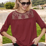 3/4 Sleeve Loose Fit Top with Sheer Floral Lace Yoke and Button Tab Sleeves
