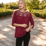 3/4 Sleeve Loose Fit Top with Sheer Floral Lace Yoke and Button Tab Sleeves