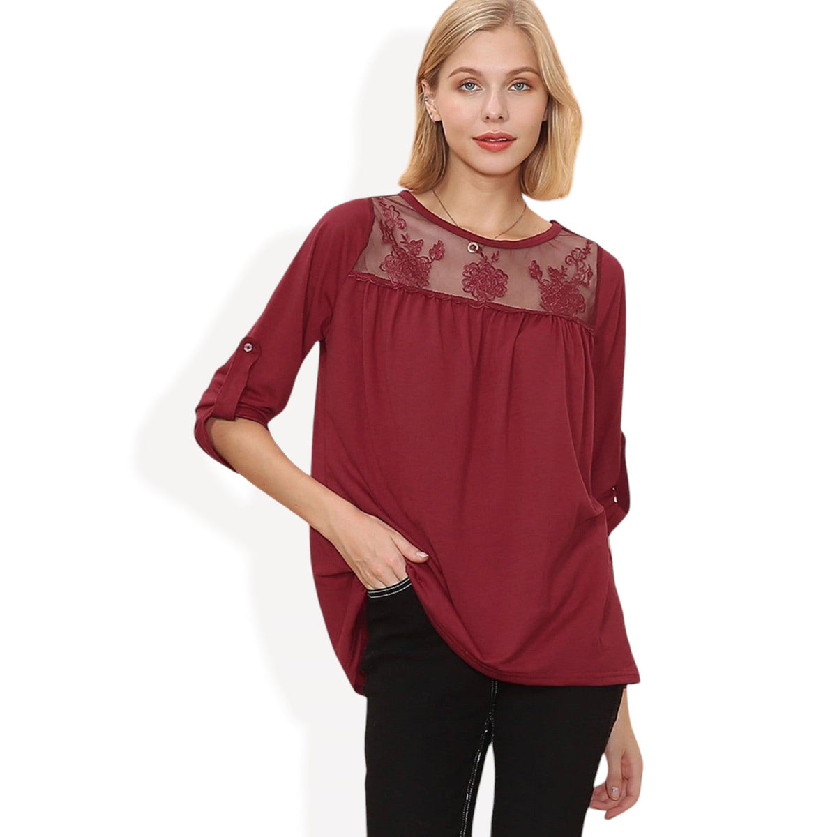 3/4 Sleeve Loose Fit Top with Sheer Floral Lace Yoke and Button Tab Sleeves