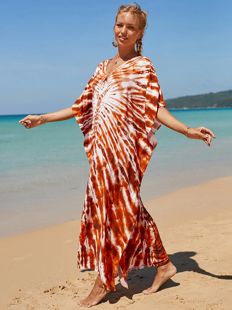 2025 Loose Boho Style Maxi Dress Print Face Swim Suit Cover-up Bohemian Dress Robe Plage Kaftan Maxi Dress Beach Wear Tunics