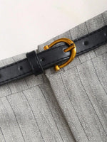 Women's Elegant Grey Striped Pleated Office Lady Pants Casual Wide Leg Loose Long Trousers Spring/Fall