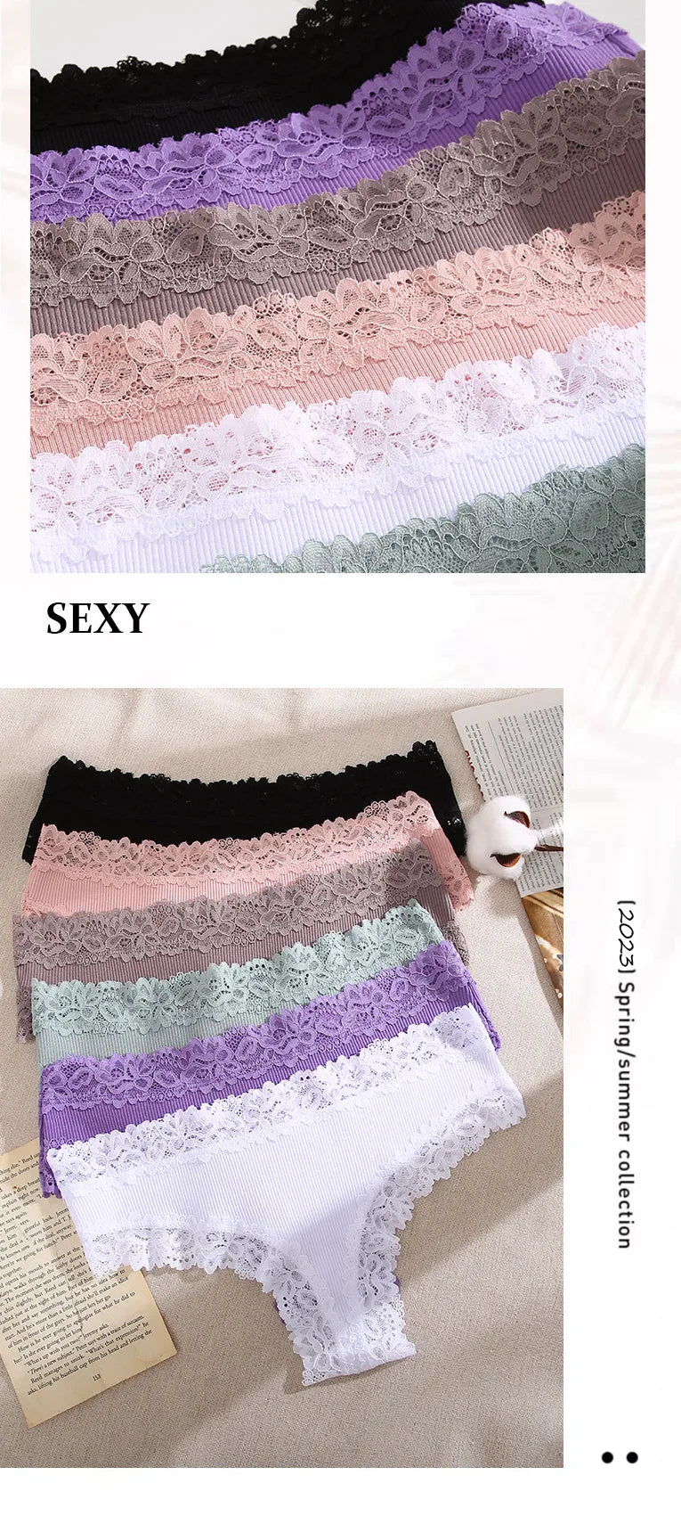 5Pcs Women Cotton Brazilian Pants Sexy Lace Brazilian Briefs Low Waist Floral Solid Color G-string Breathable Soft Lingerie