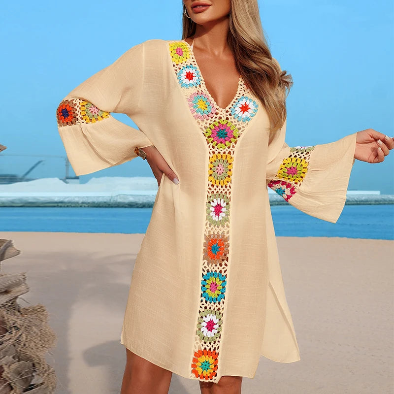 Hand Crochet Multicolour Flower Block Beachwear Cover Up Beach Vacation Casual See-Through Midi Dress Breathable Sunscreen Smock
