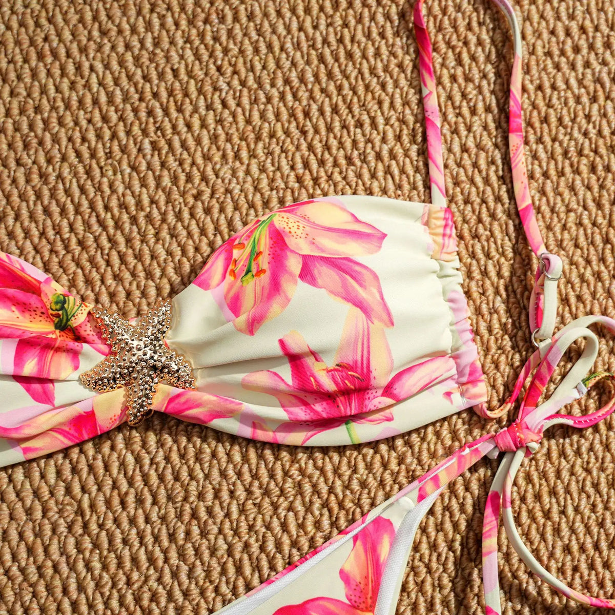 Sexy Pink Floral Print Micro Bikini 2025 Women Metal Starfish Ornament Pleate Push Up Thong Swimsuit Bathing Suit Pool Swimwear