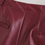 Burgundy Leather Wide Leg Shorts For Women High Waist With Pockets Stylish Daily Simple Casual Leather Button Zipper Shorts GQ6I