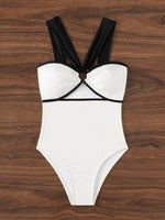 New White Black Patchwork Swimwear Women Halter Metal Ring Linked Hollow Out Slim Tummy Control One Piece Swimsuit Monokini 2025