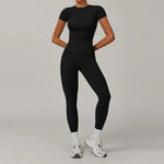 New Yoga Set Two Piece Women Short Sleeve Top with High Waist Leggings Seamless Workout Clothes Patchwork Sport Fitness Gym Sets