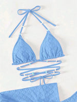 Mesh Skirt Pleated Bikini Set Women Blue White Floral Designer Criss Cross Swimsuit 3 Piece Bathing Suit Cover Up Swimwear 2024