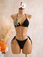 Sexy Black 3D Flower Holiday Bikini Set 2026 Women Drawstring Side Knitted Cover Up 3 Piece Swimsuit Beach Bathing Suit Swimwear