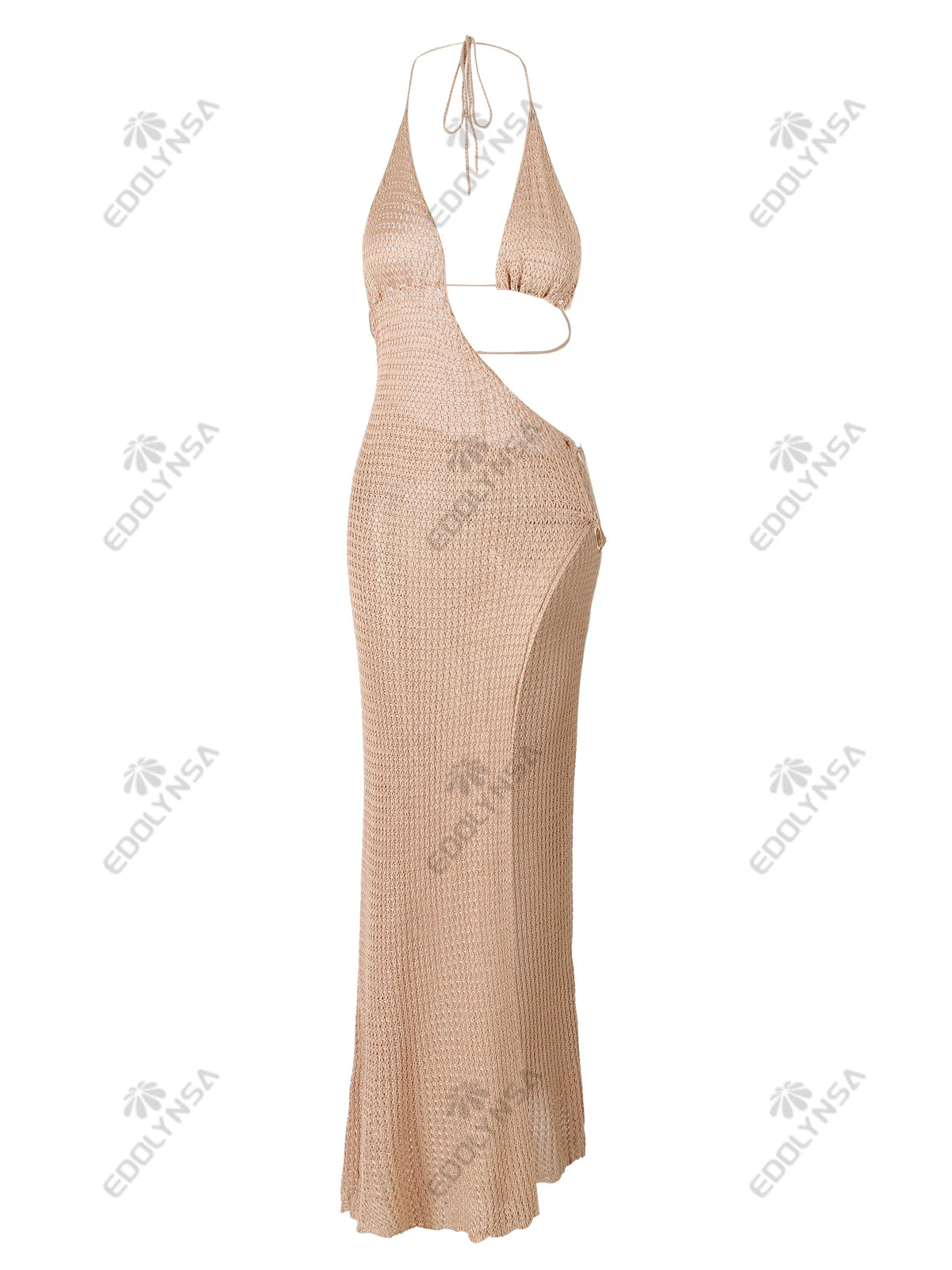 Sexy Slim Low-cut Tie Knit Halter Cut Out Circle Decoration High Slit Beach Maxi Dress 2026 Women Summer Swimsuit Cover Up K88