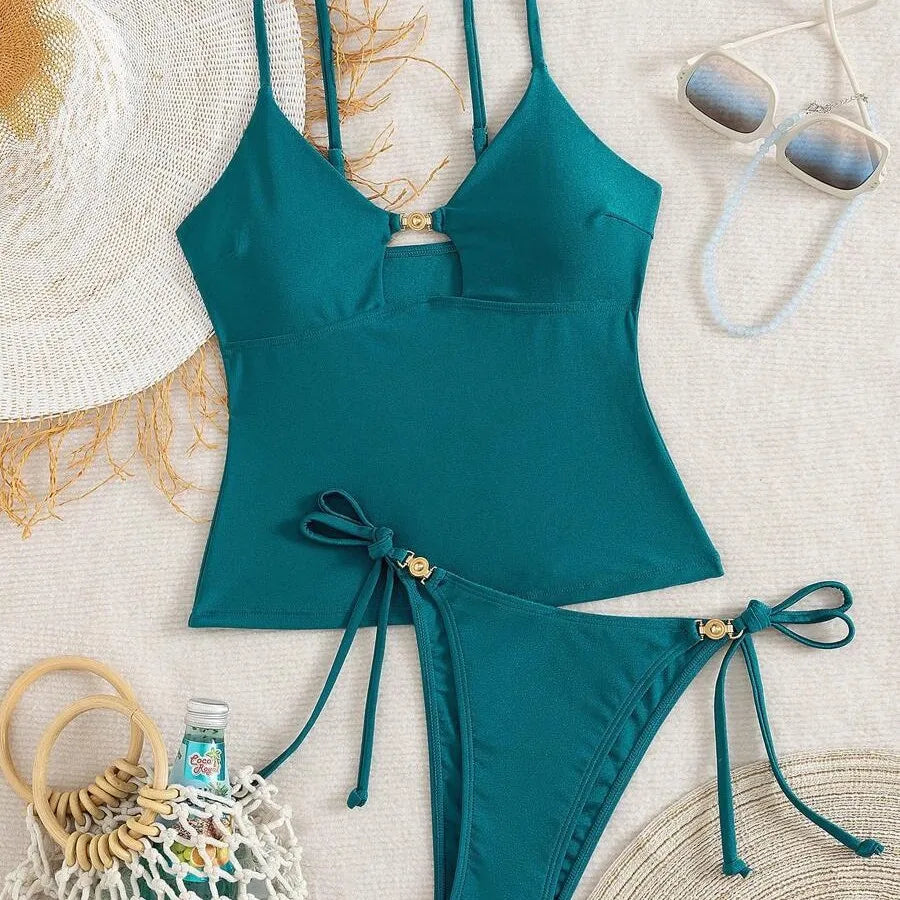 2026Women's Beachwear Summer Music Festival Thin Strap Metal Beachwear Knitted Top Five-Quarter Pants Elastic Waist Design