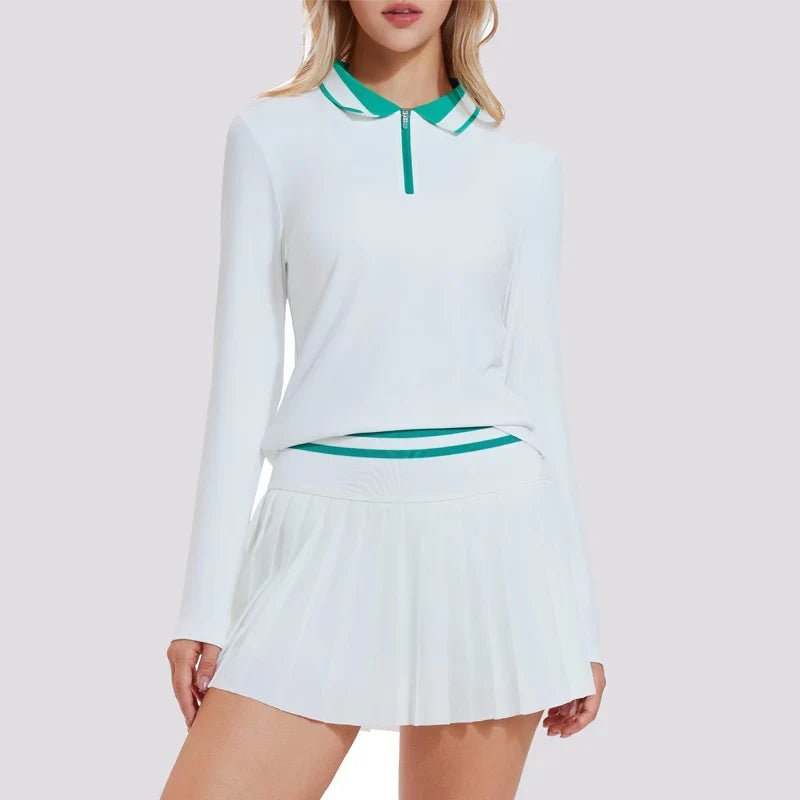 VITALINOVO Tennis Skirt Sets for Women Zipper Color Block Shirts High Waisted Golf Polo Two Piece Skirt Set Women 2 Piece Outfit