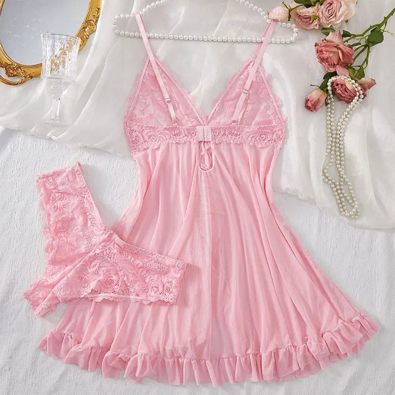 New Sexy Pink Lingerie Set Erotic Bra Nightdress Women Thong, Attractive, Breathable, Romantic Sexy Comfortable Sleepwear &Dress