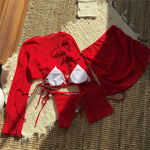 Beige Mesh Halter String Triangle Micro Thong Bikinis Sets 4 Pieces Long Sleeve Cover Ups Sexy Swimsuit Women Holiday Swimwear
