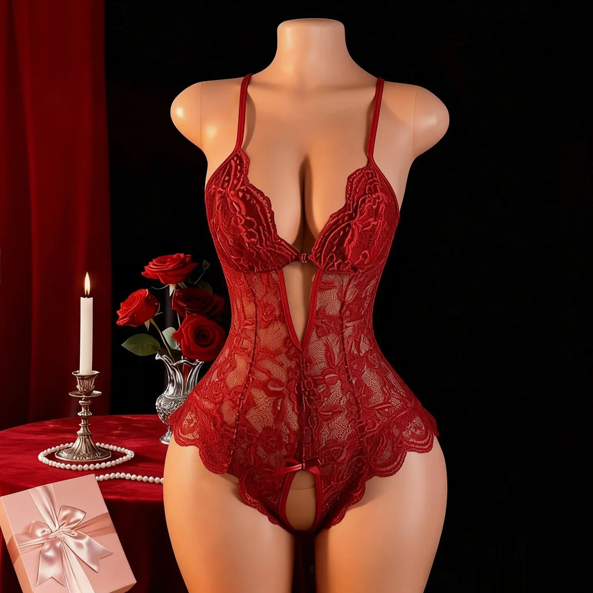 Crotchless Lingerie Lace Hollow Bra Set Sexy Tight Fitting Women Clothing,V-neck OpenBodysuit .Soft Padded Bra Underwear Set