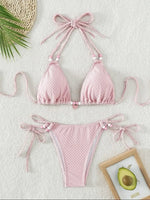 Sexy Pink Bikini 2024 Swimsuit Women White Pearl Strap Push Up Micro Swimwear Brazilian Bathing Suit Tie Side Thong Bikinis Sets