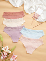 5-Pack Women's Panties Floral Lace Patchwork Ribbed Solid Briefs Breathable Soft Lingerie