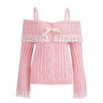 Women Long Sleeve Contrast Lace Knit Pullovers Autumn Winter Cold Shoulder Sweaters Bow Front Jumper Tops Beige/Pink
