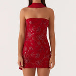 Sexy Glitter Pearl Women Summer Mini Dresses Sleeveless Off Shoulder Flower Embroidery Tube Top Bandeau Dress with Scarf