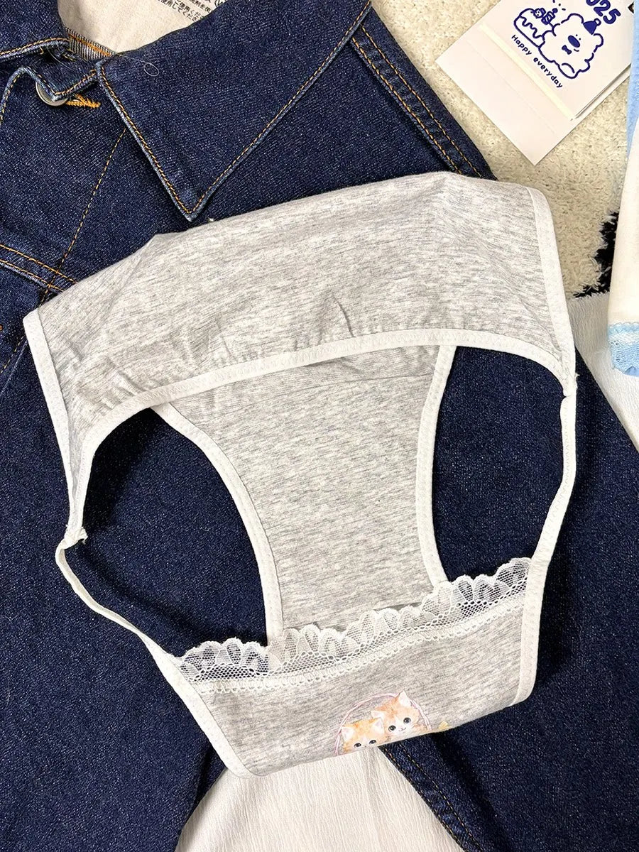Cotton Girls Panties Cute Cat Sexy Japanese Lace Women Briefs Lady ThongUnderwear G String Female Low Waist Lingerie