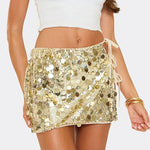 Women Mini Glitter Split Skirt Clubwear Mid Rise Sequined Bottoms Tie-Up Bodycon Sparkly Skirt Clubwear Party Night Streetwear