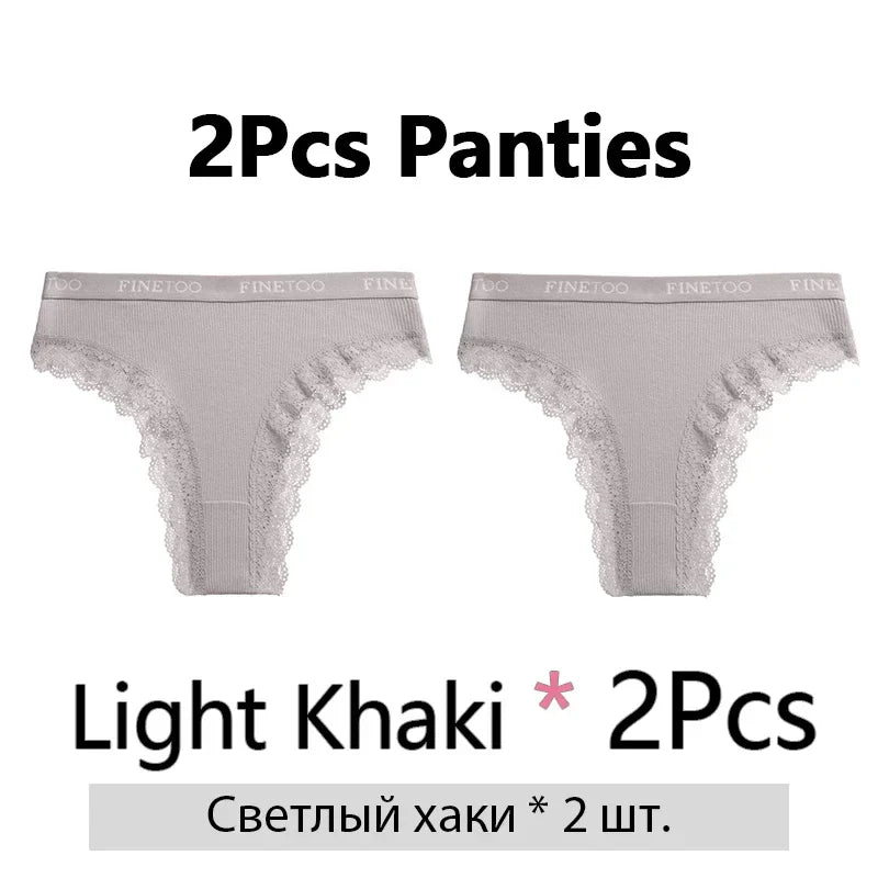 FINETOO 2Pcs/Set Women Cotton Brazilian Panties Plus Size M-2XL Lingerie Sexy Lace Underwear Low Rise Girls Intimates Underpants