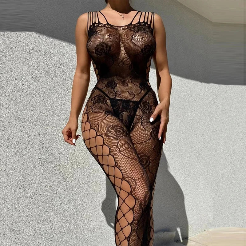 Crotchless Hot Mesh Lingerie Women Erotic Pajamas Transparent Babydolls Bodystockings Sexy Open Bra Porn Party Fishnet Underwear