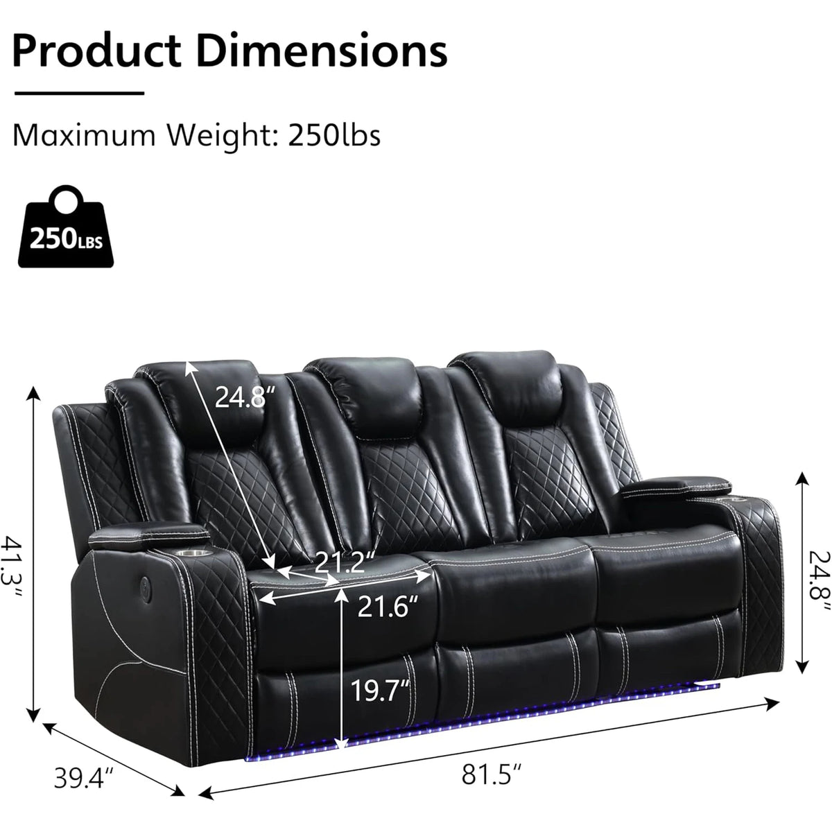 TODRANI Power Reclining Sofa 0 Gravity w/ Wireless Charger,LED Floor Lights,Reading Light, Drop-down Table USB/Type-C Port(070)