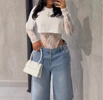 Sexy Women Crop Top+Lace Jacquard Full Sleeve Bodysuit Hottie Street Clubwear Slim Fit Wild Matching Basic Skinny Tees+Jumpsuit