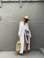 Solid Beach Cover Up Women Self Belted Wrap Kimono Dress Swimsuit 2025 New Robe Summer Beachwear Factory Supply
