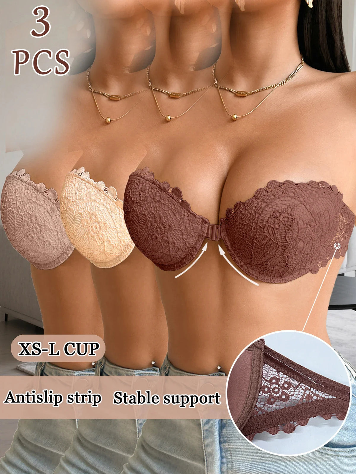 3Pcs Women Half Cup Lace Strapless Bra Adjustable Non-slip Off Shoulder Underwire Support Front Buckle Push Up Brassiere XS-L
