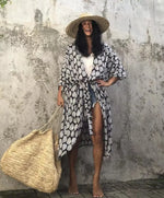 2024 New Summer Sexy Beach Kimono Swimwear Cotton Cover Up Swimsuit Women Print Bikini Cover Up Beachwear Dress Robe