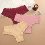 3Pcs Sexy Women Cotton Brazilian Pants Lace Brazilian Briefs Low Waist Floral Solid Color G-string Breathable Soft Lingerie