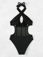 Sexy See Through One Piece Swimsuit 2025 Women Halter Corss Underwire Tummy Control Swimwear Solid Black Hot Pink Bathing Suits