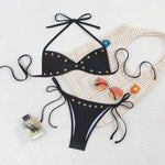 Sexy Black Button Bikini Set 2026 Women Halter Pleate Push Up Bra Tie Side Thong Swimwear Beach Holiday Bathing Suit Swimsuit
